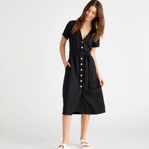 Quince Black Midi Dress with White Buttons